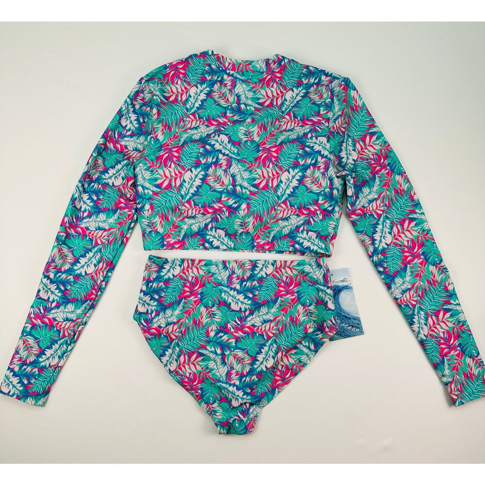 NWT Poetry in Ocean Tropical Long Sleeve Bikini Set Bright Palm Juniors Size M - Picture 2 of 11